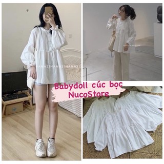 [Ảnh thật] Áo Babydoll trắng nút bọc