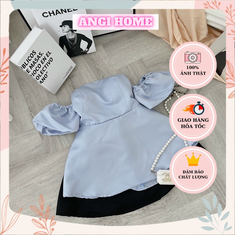 SET ÁO XANH RỚT VAI CÚP NGỰC + CHÂN VÁY ĐEN ANGI HOME