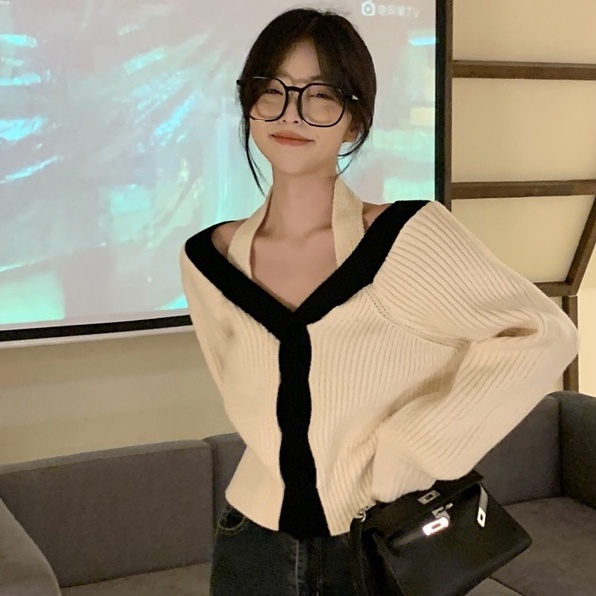 ZHELIHANGFEI Áo Len Tay Dài Cổ Chữ V Lưng Cao Phong Cách Quyến Rũ