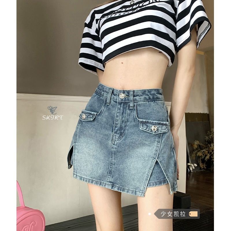 Chân váy denim xẻ tà lưng cao thiết kế thời trang phong cách mùa hè