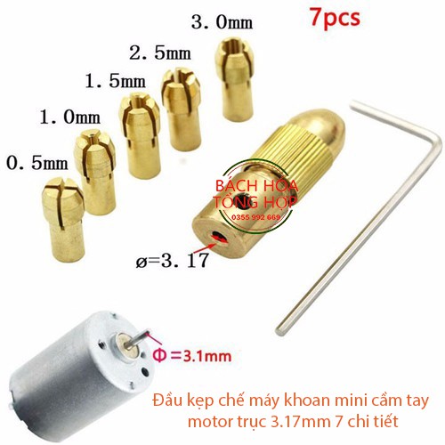 Đầu kẹp chế máy khoan mini cầm tay motor trục 3.17mm 7 chi tiết