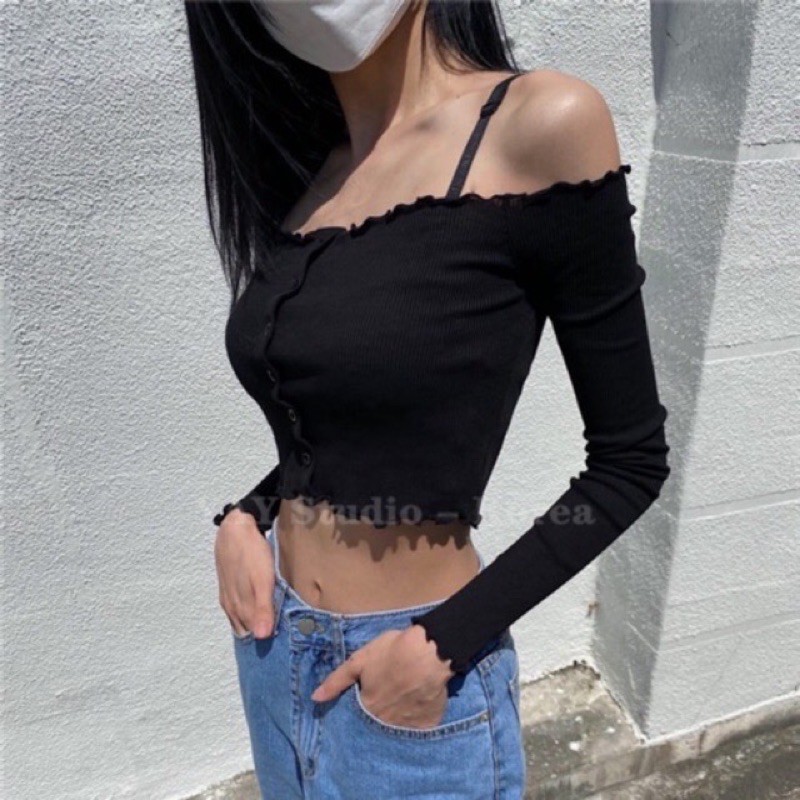 Áo Croptop Trễ Vai Dài Tay Hàng QC Đẹp