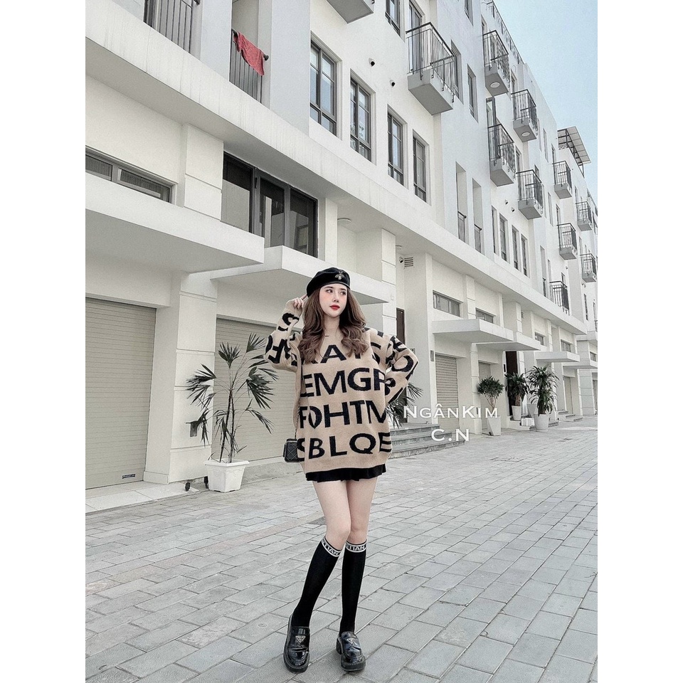 áo len nữ form rộng, áo len nữ họa tiết chữ cá tính phom oversize rộng dấu quần chất len dày dặn bo viền xịn sò hàng hot | BigBuy360 - bigbuy360.vn