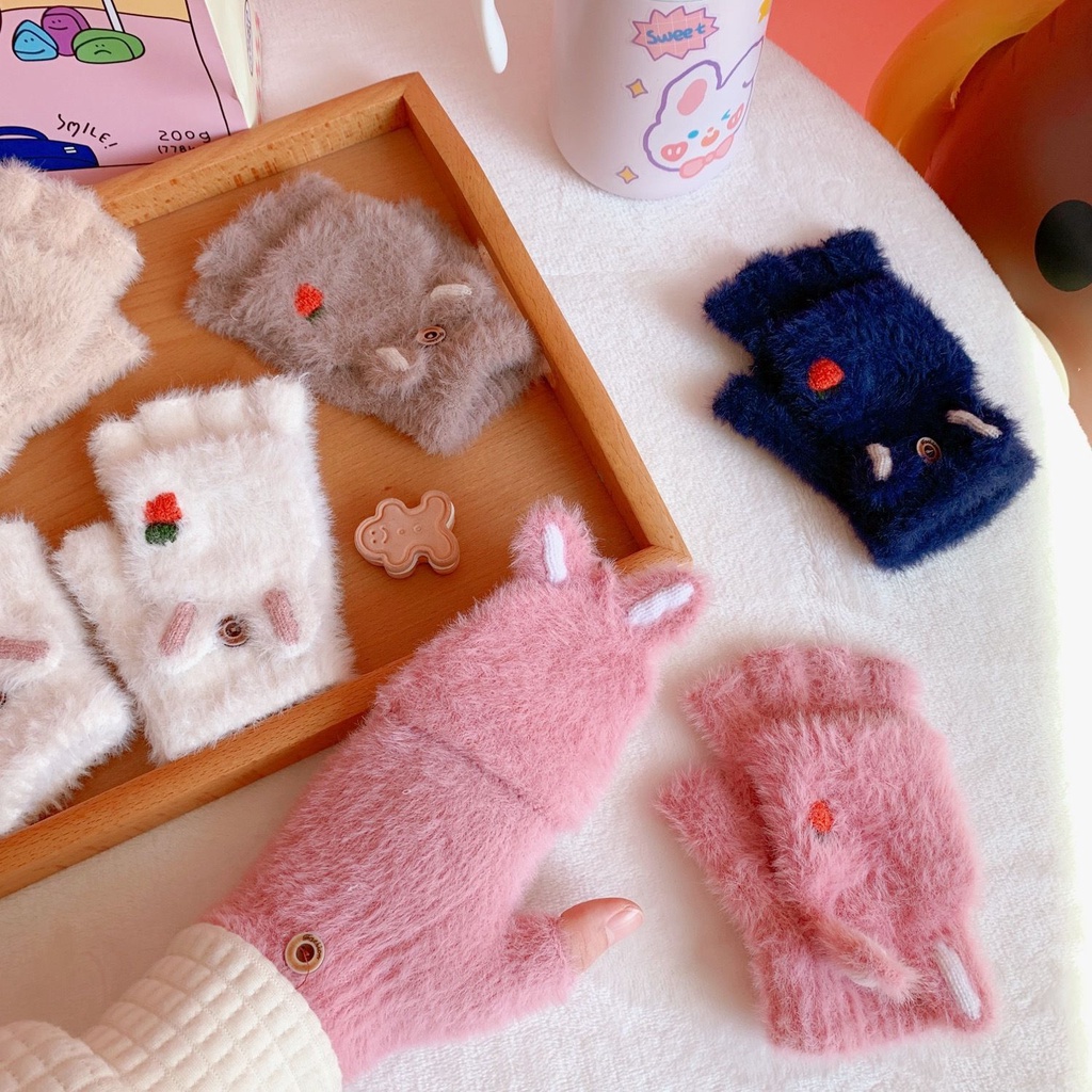 Găng tay hở ngón bằng vải cotton họa tiết cà rốt dễ thương phong cách Hàn Quốc