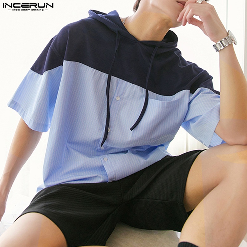Áo hoodie INCERUN ngắn tay dáng rộng phối màu cá tính thời trang cho nam