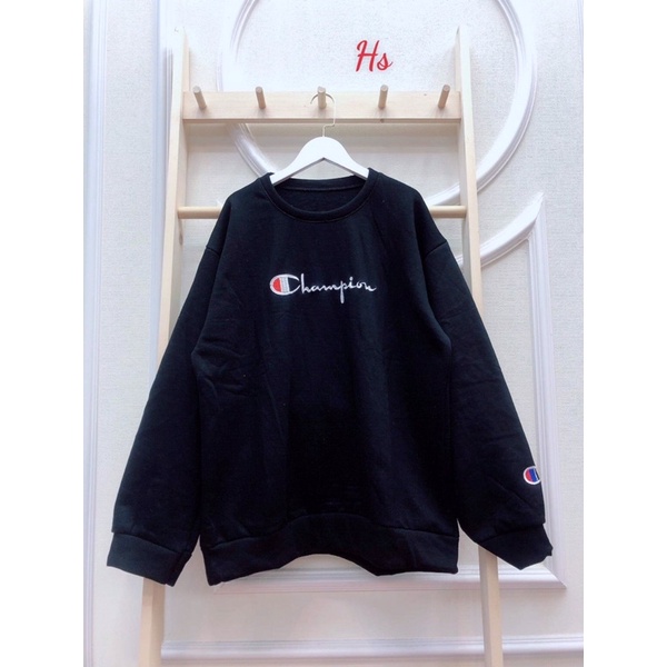 áo nỉ dài tay cho nam nữ, áo sweater champi có lô gô tay áo