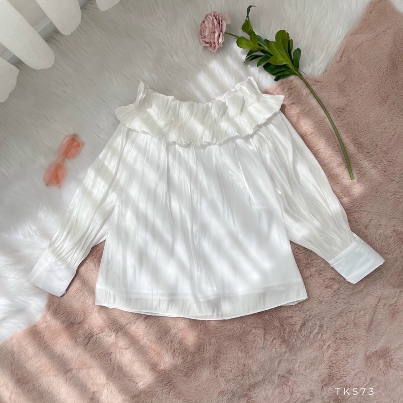 Áo nữ trễ vai tay dài phồng chất liệu orangza màu trắng xanh hồng vàng Np shop