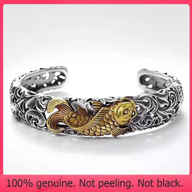 RL-Lucky Koi vòng tay bạc tốt lành, sai màu, Koi, Tang, mẫu cỏ, vòng tay, thời trang, cá tính, vòng tay cá chép, đại diện cho trường thọ, điềm lành, mang lại may mắn, vòng tay nam nữ