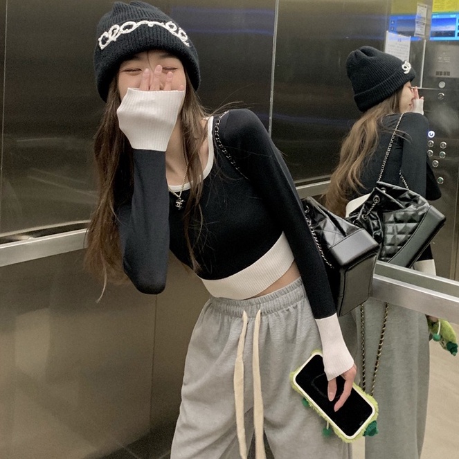 Áo ZHELIHANGFEI dệt kim tay dài hở eo quyến rũ trẻ trung hợp thời trang cho nữ