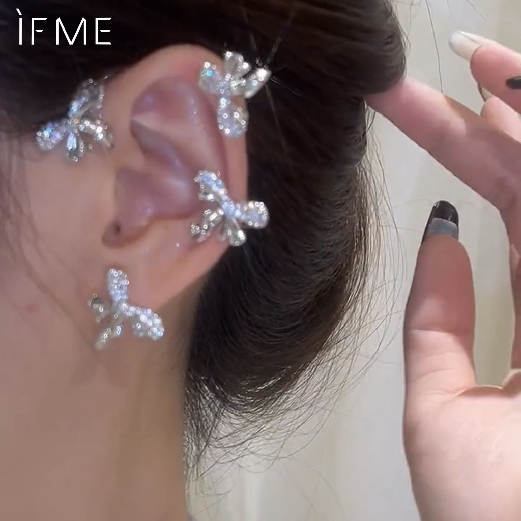 IF ME Khuyên kẹp vành tai hình nơ đính pha lê sáng bóng thanh lịch thời trang dành cho nữ