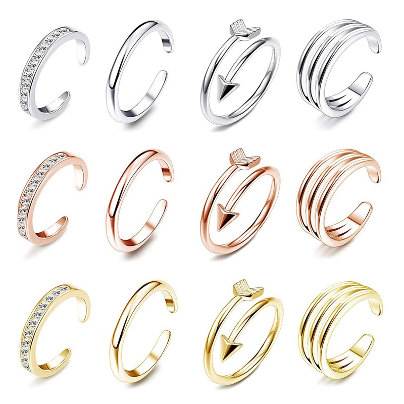 Set 4 nhẫn nữ đeo ngón chân có thể điều chỉnh bằng kim loại đính đá đơn giản đa dạng