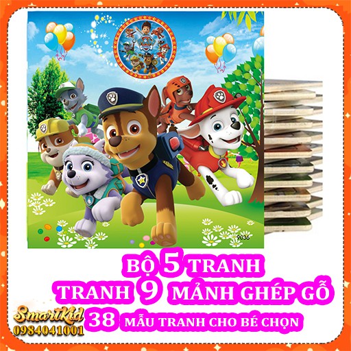 Bộ 5 Tranh Xếp Hình 9 Mảnh Khung Bảng Gỗ Cho Bé 1- 4 Tuổi