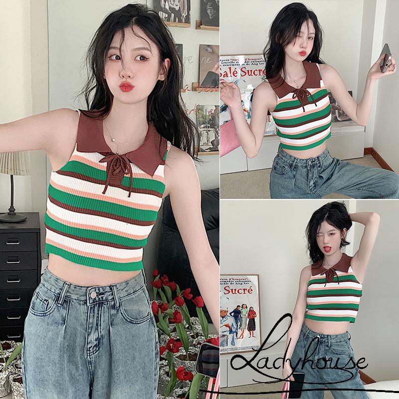Áo Croptop Hai Dây Dệt Kim Họa Tiết Kẻ Sọc Nhiều Màu Sắc Thời Trang Mùa Hè Cho Nữ