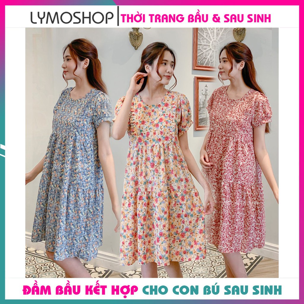 Đầm bầu kết hợp cho con bú sau sinh dáng babydoll ba tầng hoa nhí bèo ngực MOLYS VM6644 cúc điều chỉnh mặc hết thai kỳ