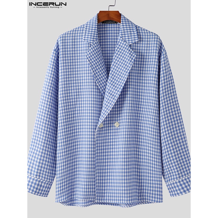 Áo sơ mi INCERUN dáng rộng cổ bẻ kẻ sọc caro thời trang cho nam
