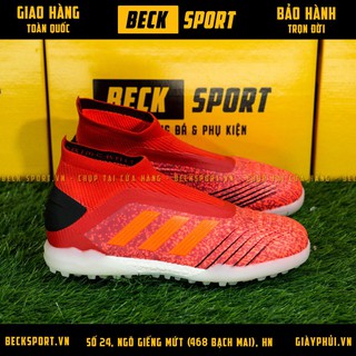 Giày Bóng Đá TQ Predator 19+ Đỏ Vạch Cam Không Dây Cao Cổ TF