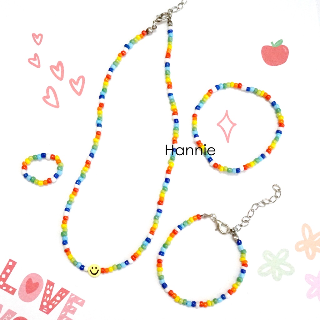Set hạt cườm rainbow cầu vồng mix trắng handmade - Combo vòng cổ vòng tay nhẫn dành cho nam nữ đơn giản