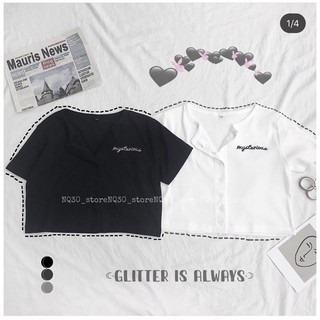 ☀️áo croptop gân gài nút thêu chữ