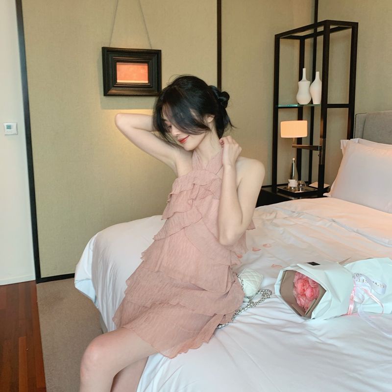 2022 retro lotus leaf edge chiffon cake skirt sexy neck shoulder high waist fluffy dress