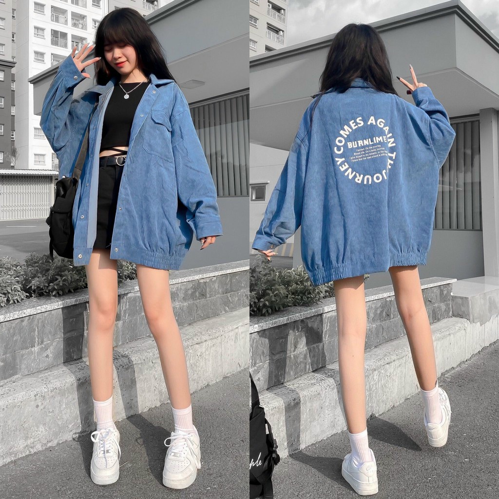 (Hàng shop) Áo khoác sơ mi nhung gân TÚI ĐẮP 2 BÊN, form rộng phối nút cực đẹp