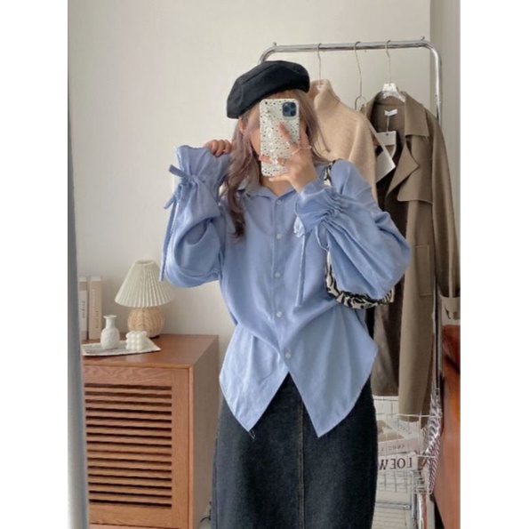 áo sơ mi tay bồng cổ bẻ cột nơ sau