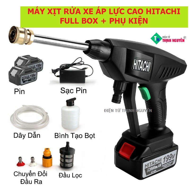 Máy rửa xe cao áp mini cầm tay vệ sinh, tưới hoa, xịt rửa xe gia đình Hitachi có bình tạo bọt pin trâu [Full Box giá rẻ]