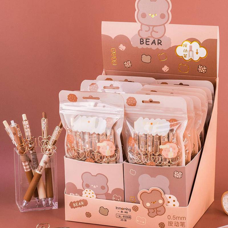 Hộp 6 Bút Mực Gel Ngòi 0.5mm In Hình Gấu Hoạt Hình Dễ Thương