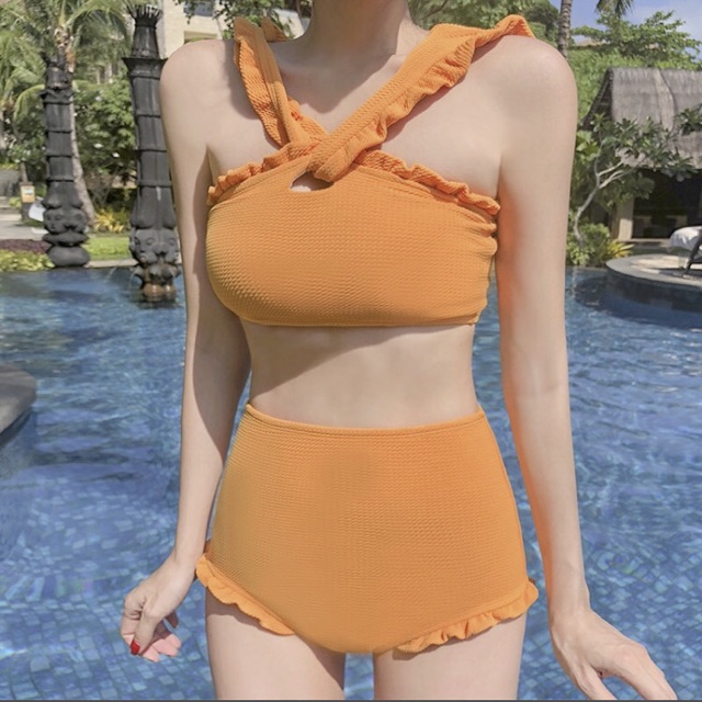(Có sẵn,clip) Bikini 2 mảnh màu vàng quần cạp cao