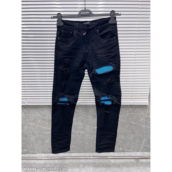 Quần Jean Bò Đen Nam Phối Da Nhăn Vá Rách Xù Vải Co Giãn Dáng Skinny Cực Sang