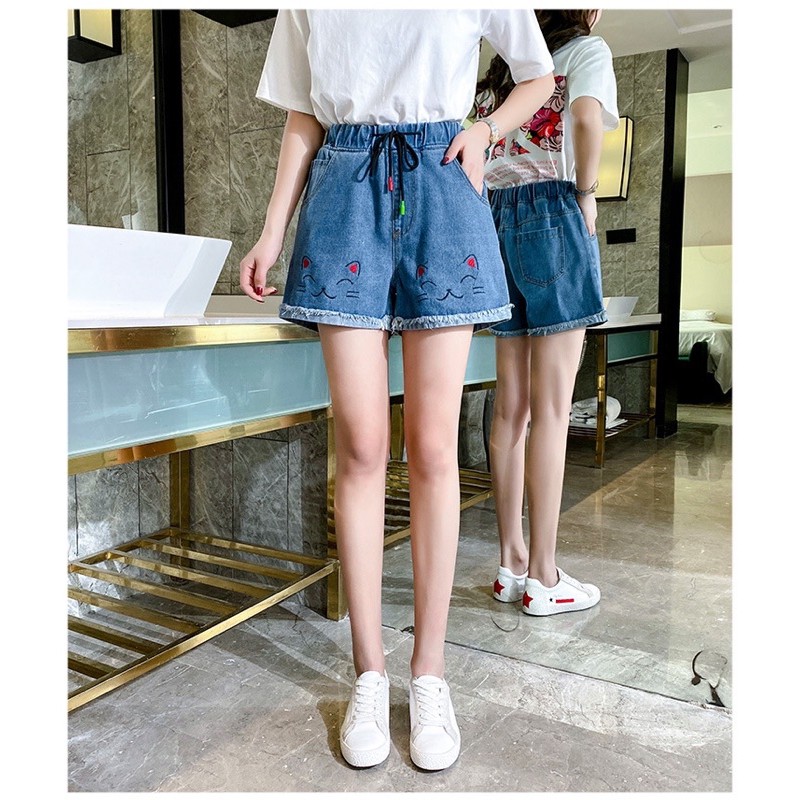 quần short big size jean lưng thun dây rút thêu mèo size 75-95kg