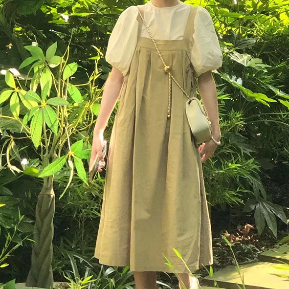 Set Áo Sơ Mi Tay Phồng + Đầm Yếm Dáng Rộng Dễ Thương Phong Cách Hàn Quốc Cho Nữ