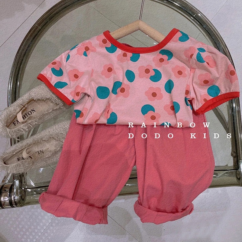 Bộ Áo Thun Cổ Tròn Tay Ngắn Dáng Rộng In Hình Hoa + Quần Short Màu Trơn Phong Cách Hàn Quốc Thời Trang Mùa Hè Hàng Mới Dành Cho Bé Gái 2023