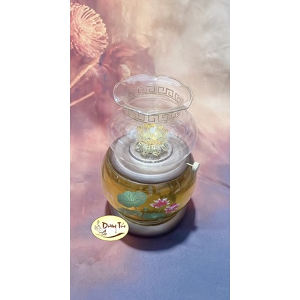 Đèn Dầu Đốt Đèn Hình Bầu In Sen Pha Lê Vàng Thờ Cúng - Chân Hợp Kim / Chân Đồng