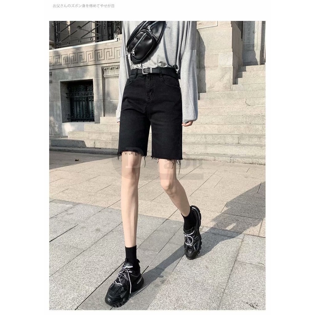 Quần short denim daduhey màu đen dáng suông ống rộng phong cách Hàn Quốc mùa hè cho nữ (không kèm thắt lưng Pos)