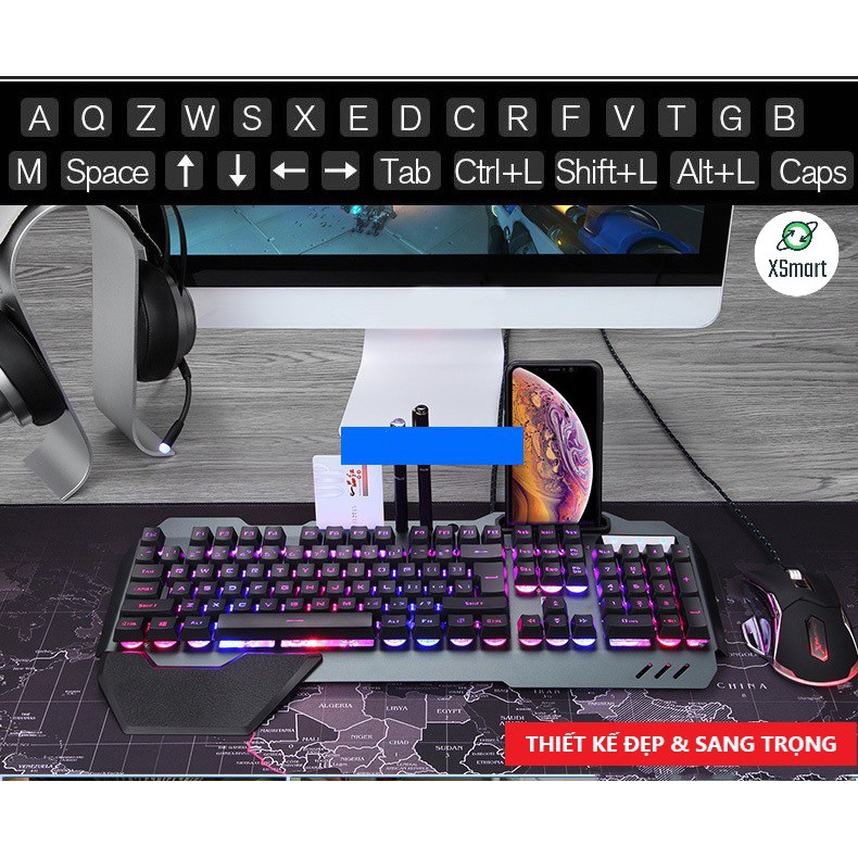 Bộ bàn phím chuột kèm lót chuột size lớn gaming, phím chuột có đèn LED đổi màu nhiều chế độ khác nhau, K618+V6+ Lót To