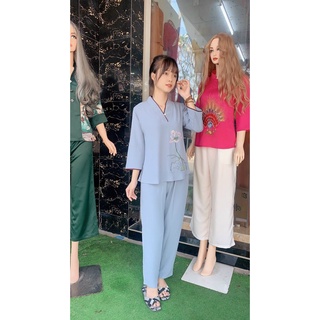 (Vải đũi) Đồ lam đi chùa nữ mẫu Nút ngọc