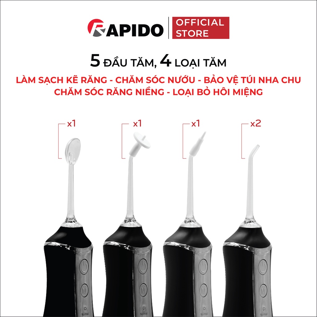 Tăm nước Rapido 300ML công nghệ Đức, công suất 5W, 5 đầu tăm thay thế, bảo hành 12 tháng