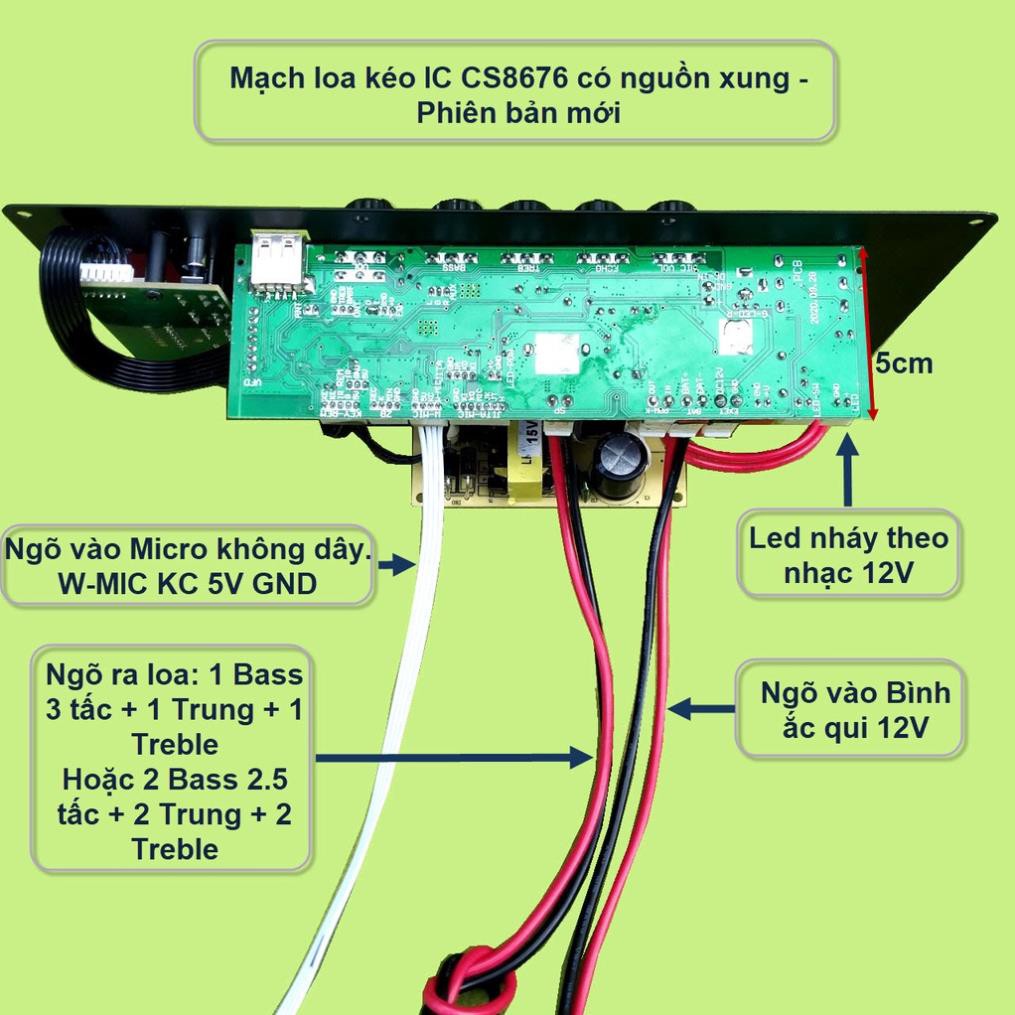 Mạch loa kéo CS8676 có nguồn xung kèm Micro đơn hoặc Micro đôi – Bluetooth Karaoke Guitar điện – cho loa kéo 3 tấc đơn