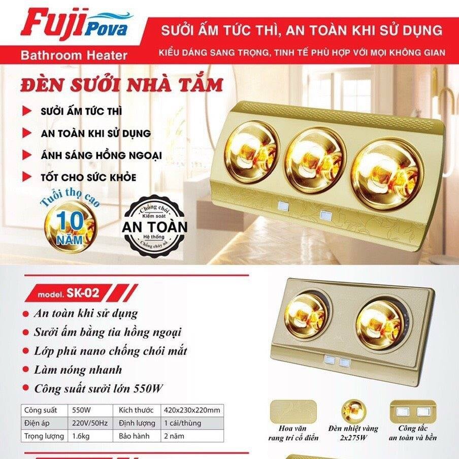 ĐÈN SƯỞI NHÀ TẮM loại 3 bóng Fuji Pova sưởi ấm nhanh, chống lóa công nghệ Nhật Bản [BH chính hãng 2 năm]