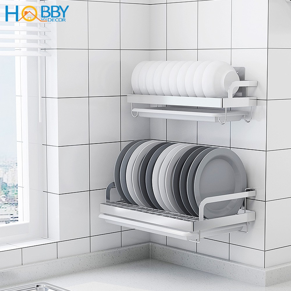 Kệ đựng chén đĩa HOBBY KCD Inox 304 dán tường gạch men - kèm keo dán và khay hứng nước - 2 kích thước