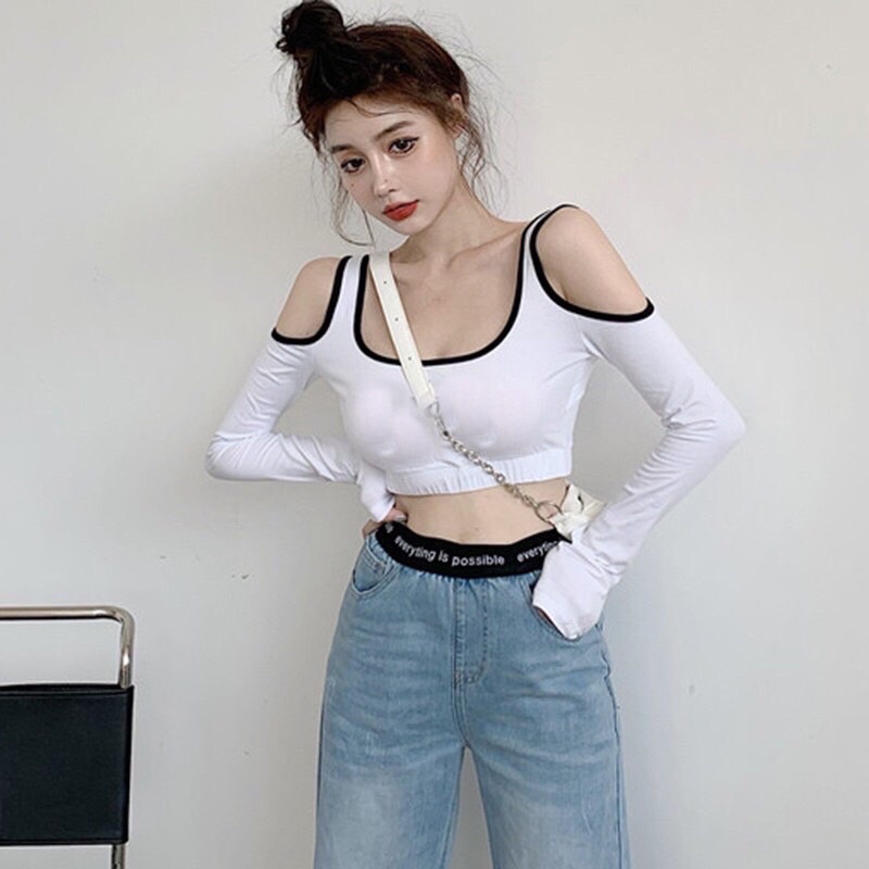 Áo kiểu tay dài trễ phối hai dây form croptop cực ngầu