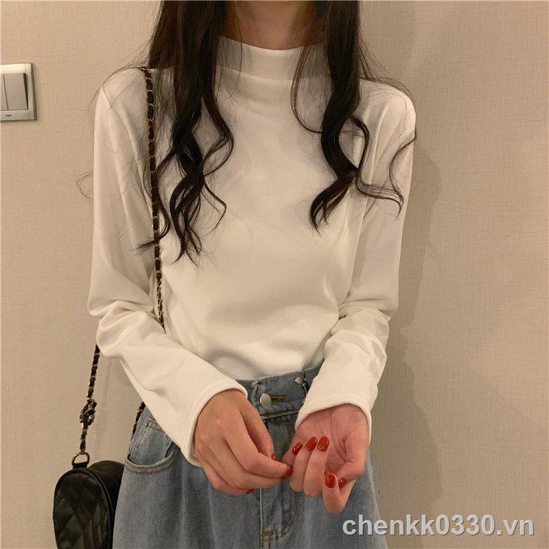 2022 ☃✔◇Hai mặt chải nhung mùa thu và đông áo đáy của phụ nữ cổ nửa cao học sinh dài tay bên trong ấm áp đống sưởi đầu