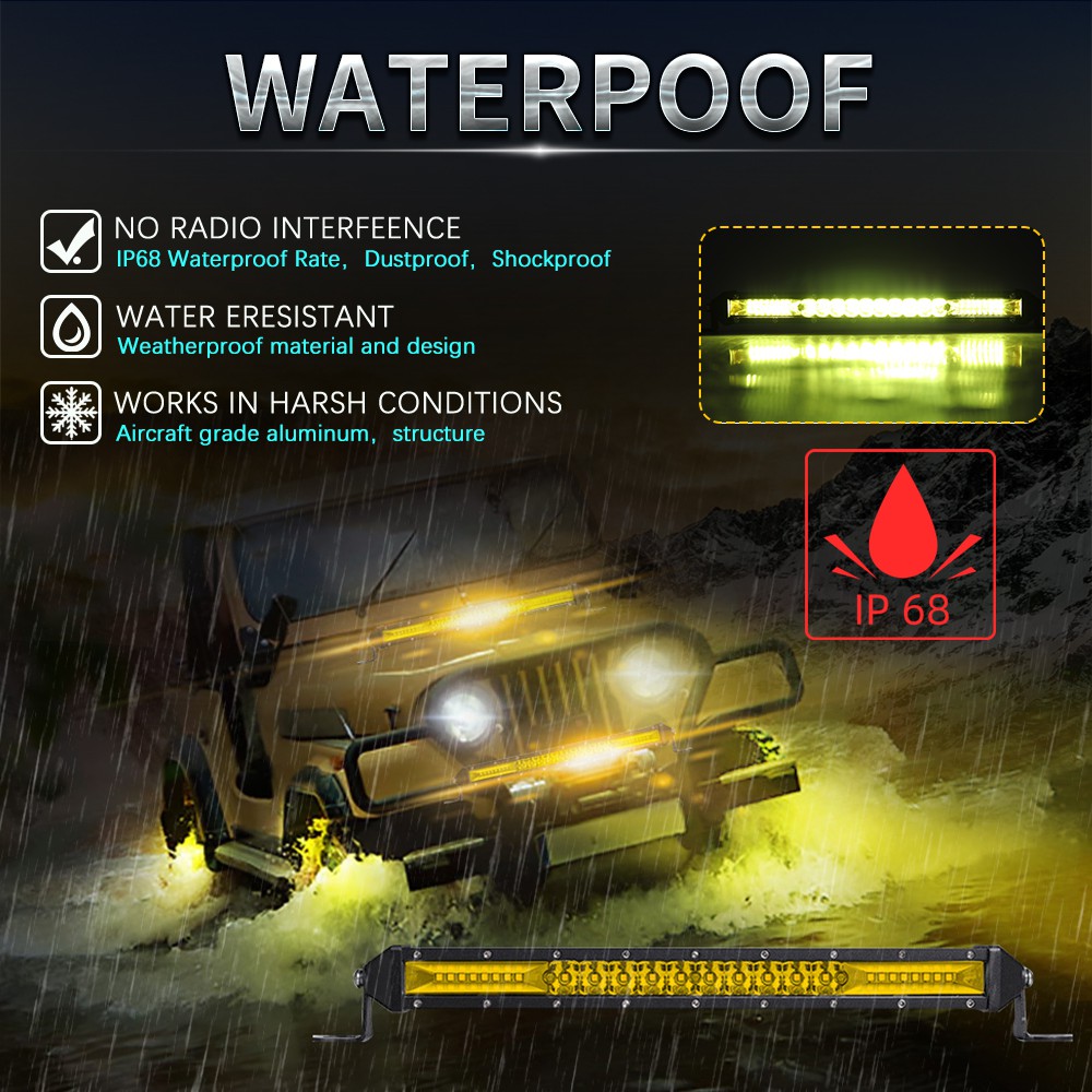 UNI-SHINE 7 inch 10 inch 20 inch hàng đơn Thanh ánh sáng LED mỏng 3000K Điểm lũ lụt màu vàng Thanh ánh sáng xe tải offroad cho ô tô ATV UTV Fog