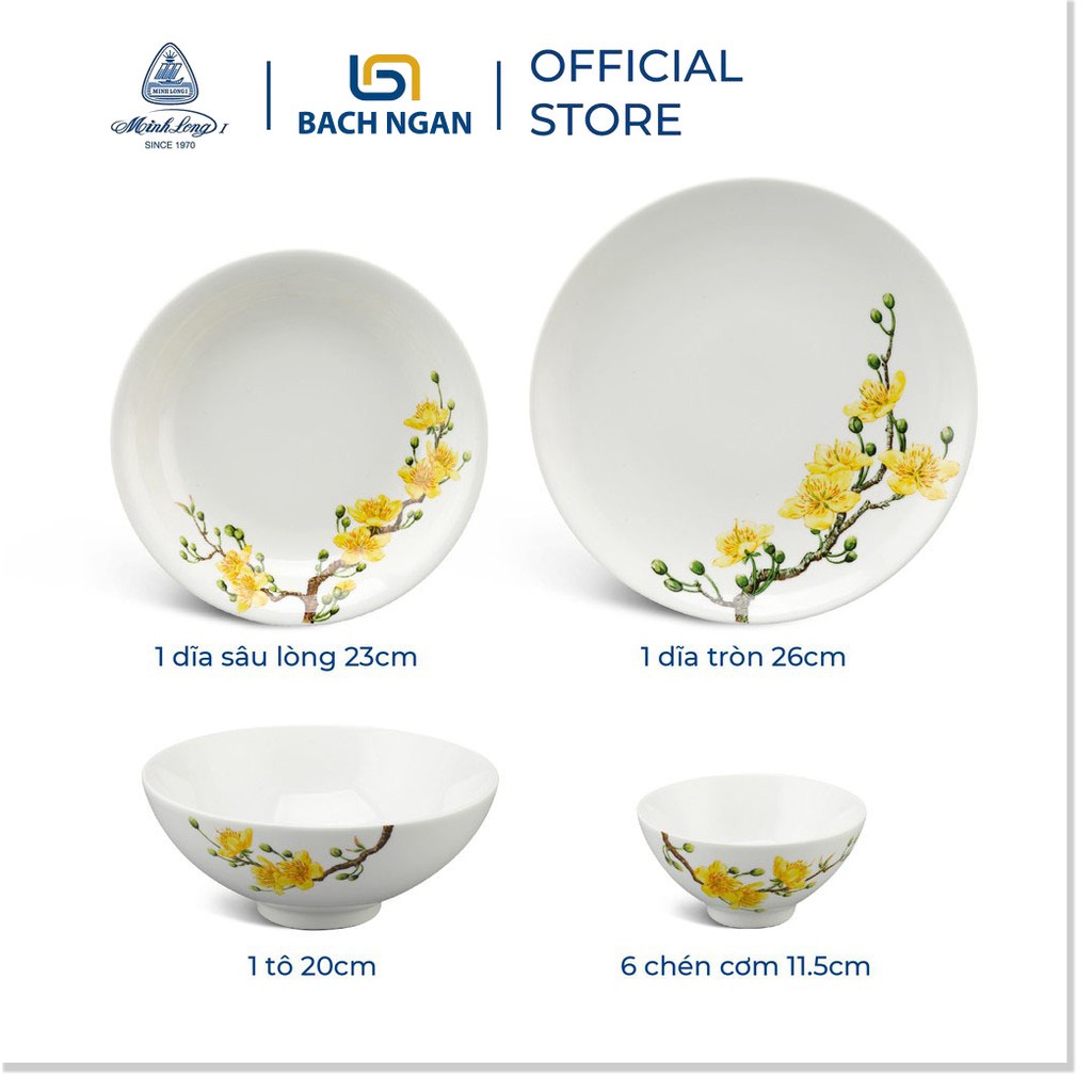 Bộ chén dĩa sứ Minh Long  9 sản phẩm Daisy IFP Hoàng Mai dùng cho gia đình, sứ đẹp cao cấp dùng đãi khách, tặng quà tết