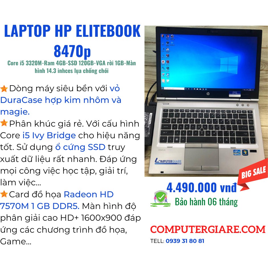 Với 3trx sở hữu Laptop Hp Elitebook 8470 i5 SSD 240GB, VGA rời 1GB siêu bền, chiến các loại Game, đồ họa, văn phòng