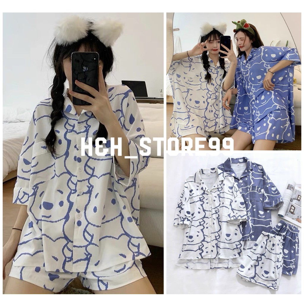 Bộ Ngủ Nữ pijama Cộc Tay Hình Gấu 🍋Set bộ mặc nhà Áo Quần Cộc Cúc Cài Họa Tiết In 2 Màu Trắng Xanh 🍋freeship🍋 sale