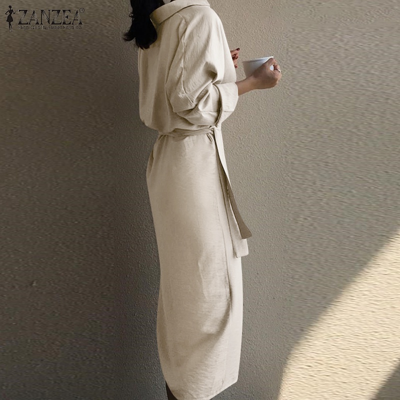 Đầm midi  ZANZEA tay dài cổ bẻ cột dây thời trang cho nữ