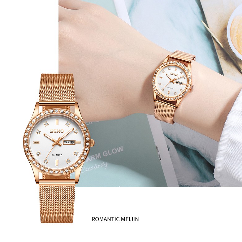 Đồng hồ nữ Seno, mặt tròn chống nước chống xước dây kim loại cao cấp seno DHN336
