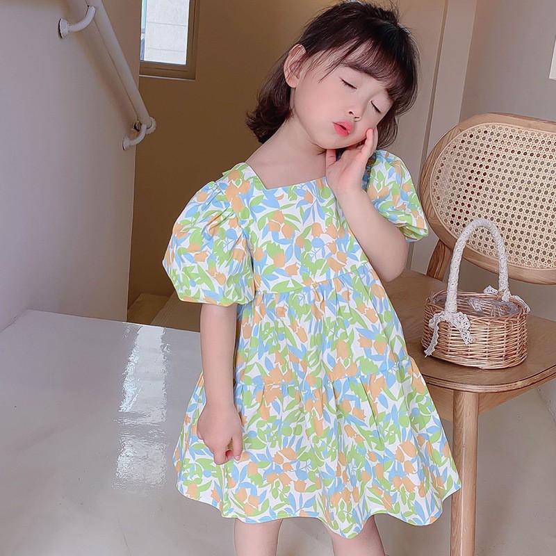 Đầm Xòe Tay Phồng Phong Cách Hàn Quốc Xinh Xắn Cho Bé Gái