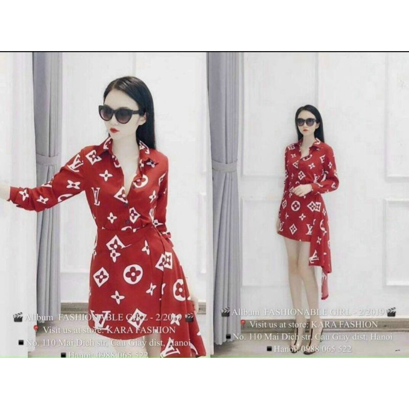 Đầm sơ mi hoạ tiết hoa và chữ, cài nút ngực